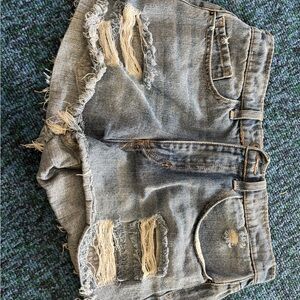 Sneak Peek Distressed Jean Shorts - Blue and Tan